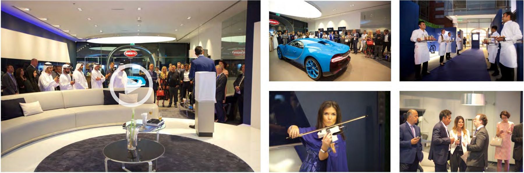 Bugatti showroom launch: guests, Chiron on display, live violinist