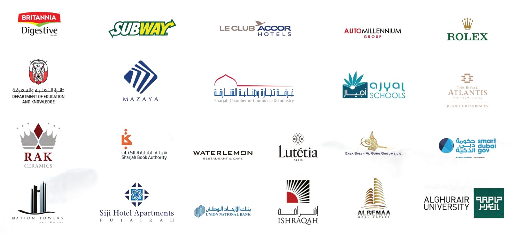 Client logos including Rolex, Subway, Accor, Department of Education and Knowledge, Smart Dubai, RAK Ceramics